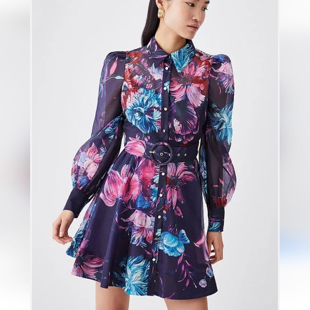 Karen Millen Pressed Floral Organdie Mini Dress US Size 10 NWT